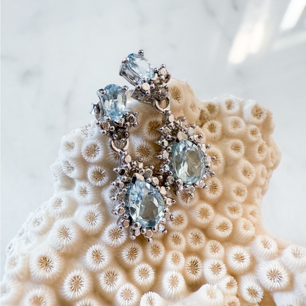 💎 Beautiful Aquamarine & Sterling Silver 💎 Diamond Dangle Earrings 💎